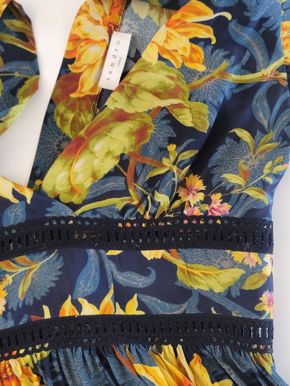 Sandro Silk Sunflower Print V Neck Ruffle Mini Dress Size XS/2 - Picture 8 of 8